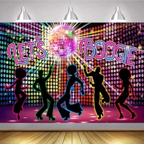 خلفية رقص ديسكو من Let's Boogie مقاس 70.8 × 43.3 بوصة، تعود إلى الستينيات والسبعينيات والثمانينيات والتسعينيات من القرن الماضي، لافتة ديسكو من Let's Boogie Dancing Night Photography لديكور حفلات عيد ميلاد الديسكو