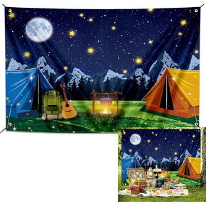 5x3ft Camping Campfire Party Backdrop Summer Camp Mountain Tent Theme Background Boys Kids Teenagers Birthday Shower Classroom Outdoor Photo Shoot Banner