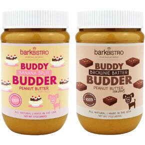 BUDDY BUDDER Brownie Batter + Banana Split, 100% natural Dog Peanut Butter, Healthy Dog Treat, Made in USA (set of 2 / 17oz jars)
