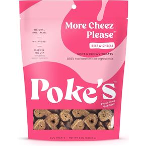 Poke's More Cheez Please Treats للكلاب، مكونات محدودة وعلاجات طبيعية للكلاب، خالية من القمح ومصنوعة في الولايات المتحدة الأمريكية، لحوم البقر والجبن الناعمة والمطاطية، 8 أونصة