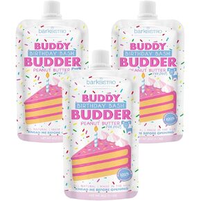 BUDDY BUDDER 3 Pack Birthday Bash Squeeze Packs, 100% Natural Dog Peanut Butter, Healthy Peanut Butter Dog Treats, Made in USA, (4oz Packs)