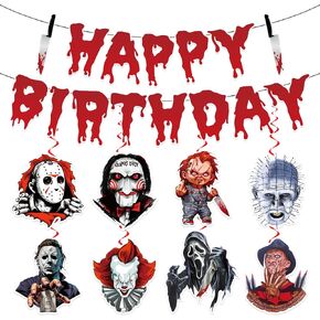 Horror Birthday Decorations，Horror Movie Halloween Decorations Includes 1Pc Happy Birthday Banner and 8Pcs Horror Movie Party Decorations Hanging Swirls, Horror Movie Birthday Decorations for