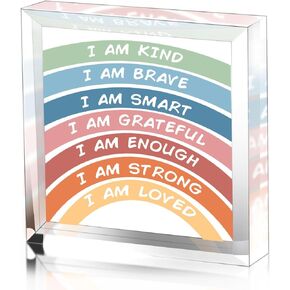 Inspirational Desk Decor - I Am Kind Smart Brave Positive Affirmations Boho Rainbow Desktop Sign - Colorful Motivational Quote Desk Sign Decor For Home Girls Room Office Wall Desk Shelf Decoration