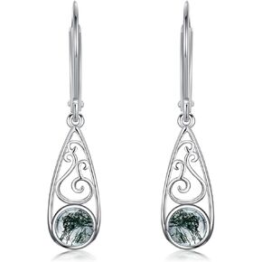 Natural Gemstone Filigree Drop Dangle Earrings for Women 925 Sterling Silver Moss Agate Leverback Earrings for Her Wife Mom