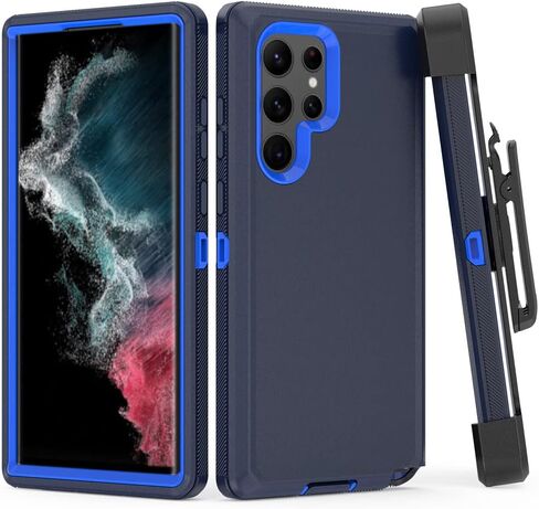 Phone Case for Samsung Galaxy S22 Ultra, Heavy Duty Hard Shockproof Armor Protector Case Cover with Belt Clip Holster for Samsung S22 Ultra 5G 6.8-inch (Navy Blue) in Saudi Arabia