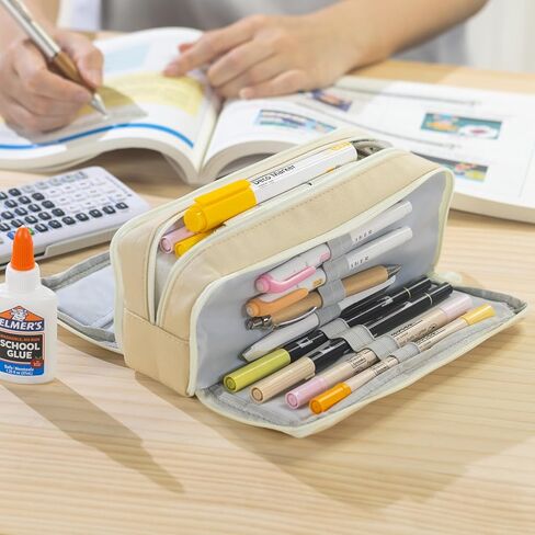 CICIMELON Large Capacity Pencil Case 3 Compartment Pouch Pen Bag for School Teen Girl Boy Men Women (Pink) in Kuwait