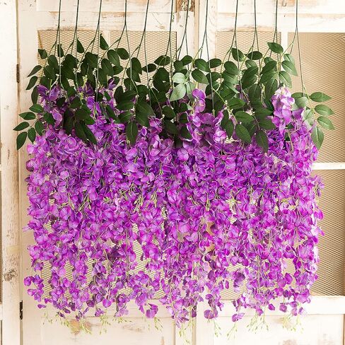 6 عبوات من قطعة واحدة بطول 3.2 قدم من الحرير الاصطناعي الوستارية الكرمة راتا المعلقة على شكل زهرة حريرية لحفلات الزفاف والمنزل والمكتب ومساحة الحفلات DIY، أرجواني in Kuwait