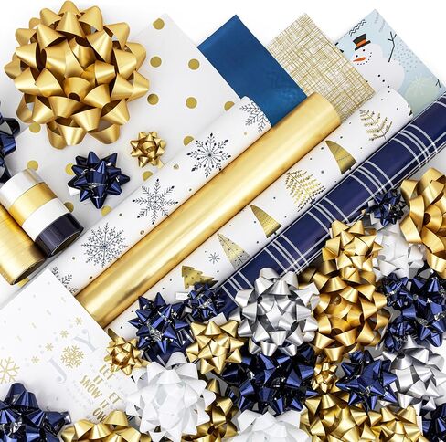 60 Piece Elegant LUXE Blue/Gold Reversible Christmas Wrapping Paper Rolls with Bows, Ribbon, and Gift Tags (4 Rolls with 30 Coordinated Bows, 2 Spools of Ribbons, and 24 Gift Tags) in Kuwait
