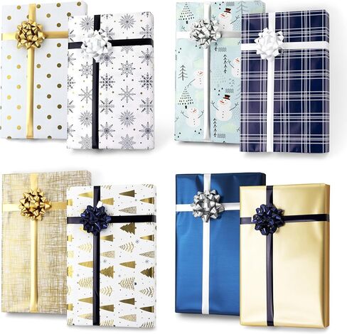 60 Piece Elegant LUXE Blue/Gold Reversible Christmas Wrapping Paper Rolls with Bows, Ribbon, and Gift Tags (4 Rolls with 30 Coordinated Bows, 2 Spools of Ribbons, and 24 Gift Tags) in Kuwait