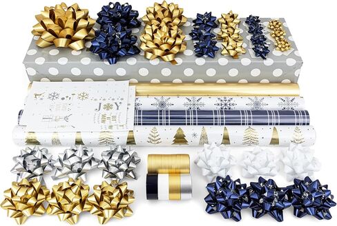 60 Piece Elegant LUXE Blue/Gold Reversible Christmas Wrapping Paper Rolls with Bows, Ribbon, and Gift Tags (4 Rolls with 30 Coordinated Bows, 2 Spools of Ribbons, and 24 Gift Tags) in Kuwait