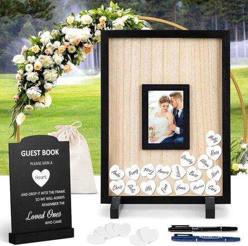 FACULX Wedding Guest Book Alternative - Rustic Wedding Decorations for Reception Wooden Wedding Frame Guest Book with 102 Wooden Hearts for Baby Shower Wedding Anniversary Ceremony, Black in Saudi Arabia