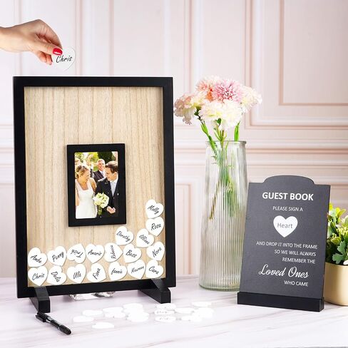 FACULX Wedding Guest Book Alternative - Rustic Wedding Decorations for Reception Wooden Wedding Frame Guest Book with 102 Wooden Hearts for Baby Shower Wedding Anniversary Ceremony, Black in Saudi Arabia