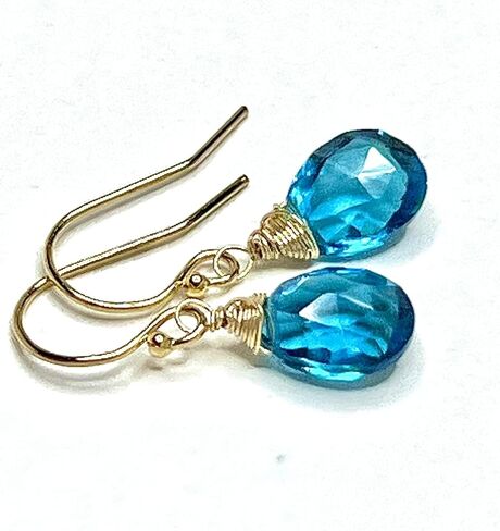 Earrings 14k gold fill neon London blue Topaz Quartz, petite handmade jewelry in Saudi Arabia