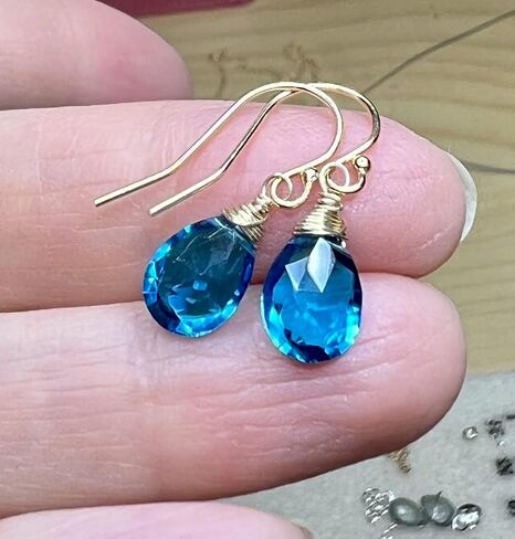 Earrings 14k gold fill neon London blue Topaz Quartz, petite handmade jewelry in Saudi Arabia