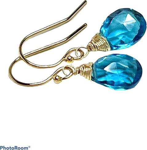 Earrings 14k gold fill neon London blue Topaz Quartz, petite handmade jewelry in Saudi Arabia