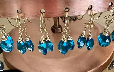 Earrings 14k gold fill neon London blue Topaz Quartz, petite handmade jewelry in Saudi Arabia