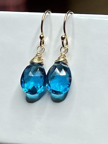 Earrings 14k gold fill neon London blue Topaz Quartz, petite handmade jewelry in Saudi Arabia
