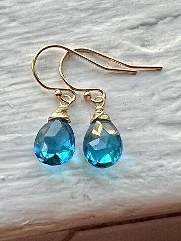 Earrings 14k gold fill neon London blue Topaz Quartz, petite handmade jewelry in Saudi Arabia