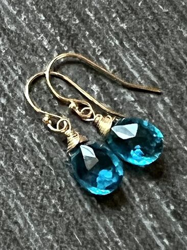 Earrings 14k gold fill neon London blue Topaz Quartz, petite handmade jewelry in Saudi Arabia