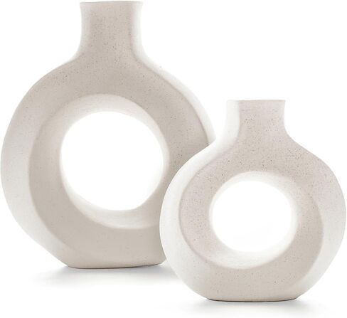 Off White Hollow Ceramic Vase Set of 2, Round Modern Vase for Nordic Minimalist Book Style Shelf Decor, Donut Boho Aesthetic Vases for Trendy Home Entryway Table Christmas Decoration in Saudi Arabia