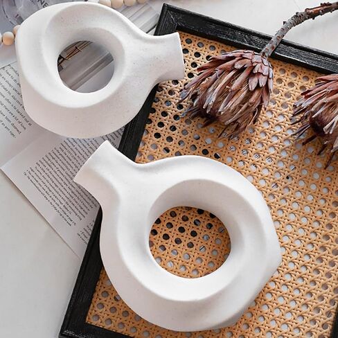 Off White Hollow Ceramic Vase Set of 2, Round Modern Vase for Nordic Minimalist Book Style Shelf Decor, Donut Boho Aesthetic Vases for Trendy Home Entryway Table Christmas Decoration in Saudi Arabia