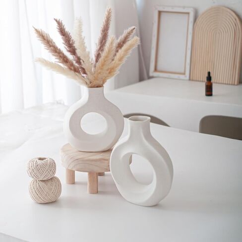 Off White Hollow Ceramic Vase Set of 2, Round Modern Vase for Nordic Minimalist Book Style Shelf Decor, Donut Boho Aesthetic Vases for Trendy Home Entryway Table Christmas Decoration in Saudi Arabia