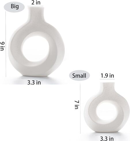 Off White Hollow Ceramic Vase Set of 2, Round Modern Vase for Nordic Minimalist Book Style Shelf Decor, Donut Boho Aesthetic Vases for Trendy Home Entryway Table Christmas Decoration in Saudi Arabia