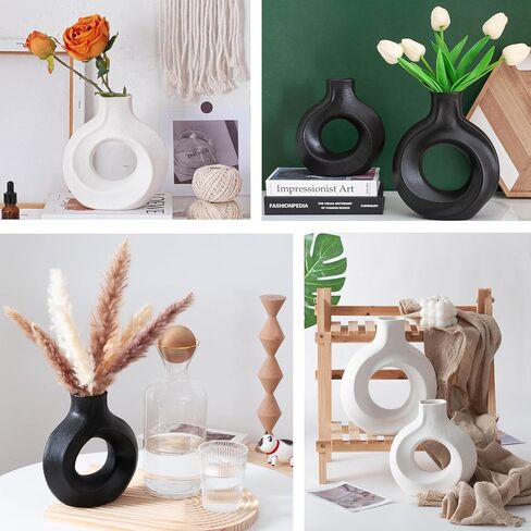 Off White Hollow Ceramic Vase Set of 2, Round Modern Vase for Nordic Minimalist Book Style Shelf Decor, Donut Boho Aesthetic Vases for Trendy Home Entryway Table Christmas Decoration in Saudi Arabia