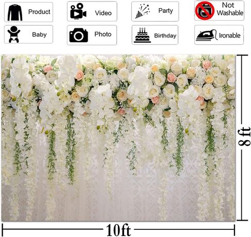 White Rose Floral Theme Photography Backdrops Bridal Shower Wedding Flowers Photo Background Baby Girl Birthday Party Portrait Dessert Cake Table Decor Photo Booth Studio Props 7x5ft Vinyl in Kuwait