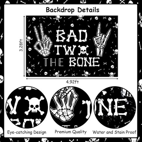 Bad Two The Bone Backdrop Banner, Skeleton Theme 2nd Birthday Decorations for Boys Girls Music Rock and Roll Birthday Party Photography Background in Saudi Arabia