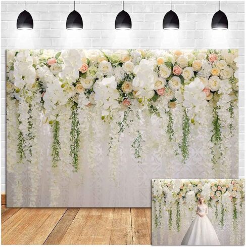 White Rose Floral Theme Photography Backdrops Bridal Shower Wedding Flowers Photo Background Baby Girl Birthday Party Portrait Dessert Cake Table Decor Photo Booth Studio Props 7x5ft Vinyl in Kuwait