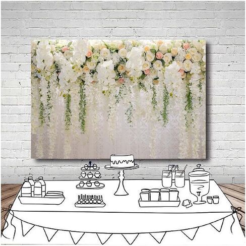 White Rose Floral Theme Photography Backdrops Bridal Shower Wedding Flowers Photo Background Baby Girl Birthday Party Portrait Dessert Cake Table Decor Photo Booth Studio Props 7x5ft Vinyl in Kuwait
