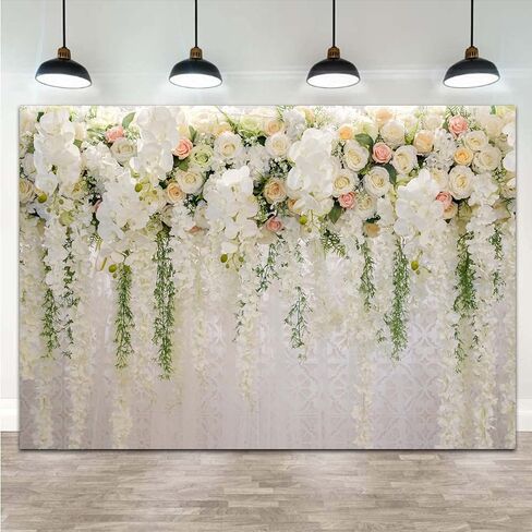White Rose Floral Theme Photography Backdrops Bridal Shower Wedding Flowers Photo Background Baby Girl Birthday Party Portrait Dessert Cake Table Decor Photo Booth Studio Props 7x5ft Vinyl in Kuwait