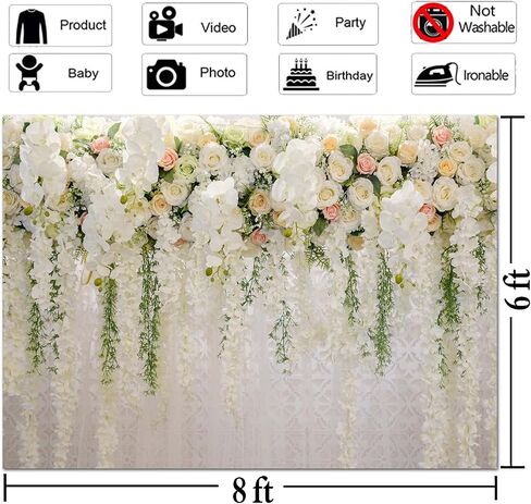 White Rose Floral Theme Photography Backdrops Bridal Shower Wedding Flowers Photo Background Baby Girl Birthday Party Portrait Dessert Cake Table Decor Photo Booth Studio Props 7x5ft Vinyl in Kuwait