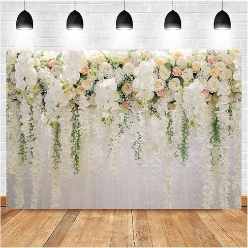 White Rose Floral Theme Photography Backdrops Bridal Shower Wedding Flowers Photo Background Baby Girl Birthday Party Portrait Dessert Cake Table Decor Photo Booth Studio Props 7x5ft Vinyl in Kuwait