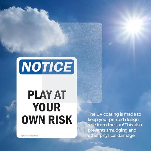 (2 Pack) Play At Your Own Risk OSHA Notice Sign 5 Inch X 3.5 Inch Vinyl Label Decal Sticker Weather Resistant, UV Protected for Workplace, Business, and Construction Site, Made in the USA in Saudi Arabia
