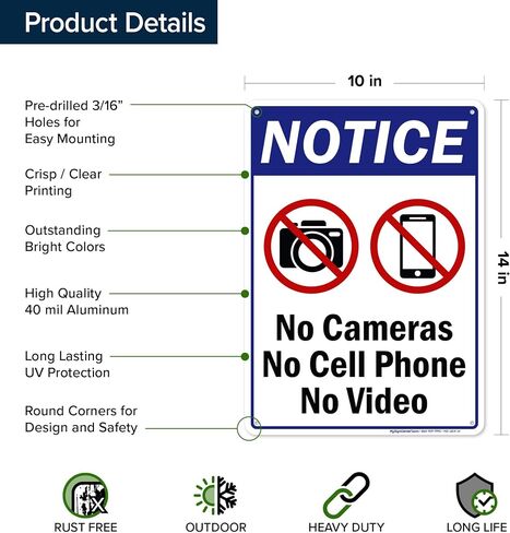 No Cameras No Cell Phone No Video Sign, 7x10 Inches, Rust Free .040 Aluminum, Fade Resistant, Made in USA by My Sign Center in Saudi Arabia
