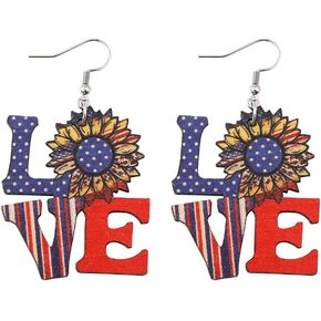 Red White Blue Patriotic Wooden Dangle Earrings July 4th Wood Star Heart Love Drop Earrings Independence Day Party Gifts for Women