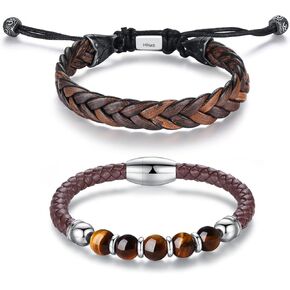 Leather Bracelet for Men, Adjustable Braided Leather Bracelet, Healing Tiger Eye Beads Bracelet