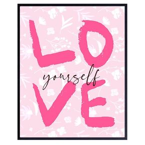 positive Wall Art for Women - Women’s empowerment Inspirational Quotes Wall Decor - Love Yourself - Preppy Room Decor - Pink Retro style Trendy Home Decor - Indy Teen Girls Bedroom Decor Aesthetic