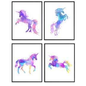 Purple Unicorn Watercolor Wall Art Prints - Unframed Set of Four - Perfect Gift for Girls Room or Nursery - Chic Home Decor - Ready to Frame (8x10) Photos
