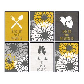 Bless the Food Before Us Sign - Yellow Kitchen Wall Decor - Dining Room Decor - Blessed Religious Christian Home Decorations - Cafe, Restaurant, Coffee Bar Sign - Retro Poster Print Set - 6 UNFRAMED