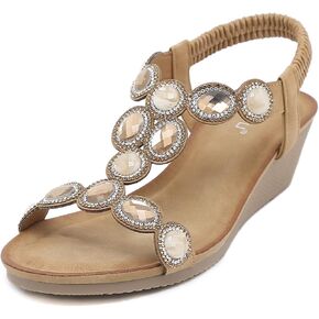 Unifizz Wedge Sandals for Women Bohemia Elastic Ankle Strap Sandals Open Toe Sparkly Rhinestone Summer Platform Outdoor Shoes Sandal