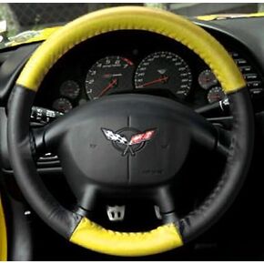C5 & Z06 Corvette Steering Wheel Cover Custom Made Euro-Style Two-Tone Genuine Leather for 1997-2004 (Grey/Black)