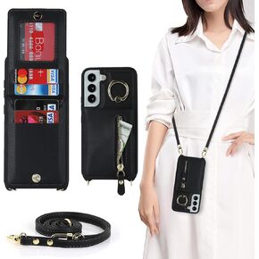 Samsung Galaxy S21 FE Case with Card Holder for Women, Galaxy S21 FE Phone Case Wallet with Strap Credit Card Slots Crossbody with Kickstand Zipper Shockproof Case for S21 FE - Black