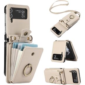 Asuwish Phone Case for Samsung Galaxy Z Flip 4 5G 2022 Wallet Cell Cover with and Crossbody Strap Ring Stand RFID Credit Card Holder ZFlip4 Z4 Flip4 4Z Accessories Kickstand Women Men Girls Beige