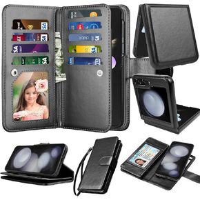 Njjex Galaxy Z Flip 5 5G Case, for Samsung Galaxy Z Flip 5 5G Wallet Case, [9 Card Slots] PU Leather ID Credit Holder Folio Flip [Detachable] Kickstand Magnetic Phone Cover & Lanyard [Black]
