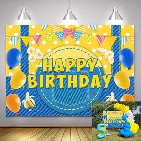 5x3ft Yellow Cartoon Theme Birthday Backdrop Cowboy Banana Balloon Photo Background Boys Girls Birthday Party Cake Table Decoration Supplies