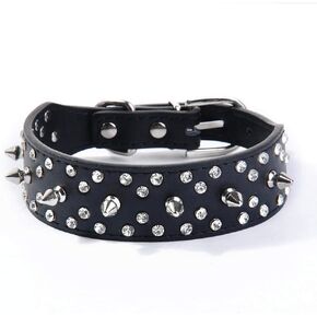 Rhinestones Dog Collar, Spiked Studded PU Leather Dog Collar, Soft and Adjustable for Medium and Large Dogs (S, Black)