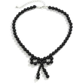 Dainty Pearl Bow Necklace Simulated Pearl Bowknot Choker Cute Black/White Round Beads Beaded Necklace Bow Jewelry for Women Teen Girls